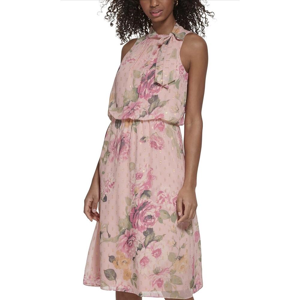 Jessica Howard Womens Fit and Flare Midi Dress with Tie Neck in Chiffon Lurex 22